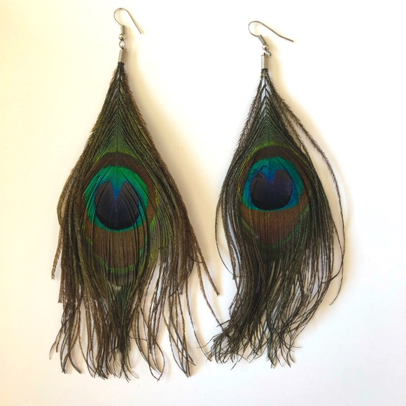 Peacock Feather Dangling Boho Earrings - Picture 2 of 3